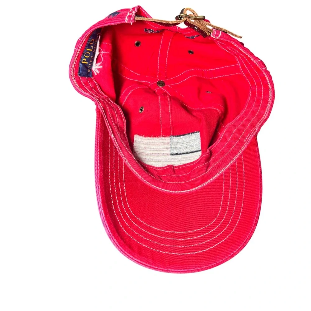 Polo Ralph Lauren Baseball Hat Cap Red USA Flag Emboidered Leather Strap